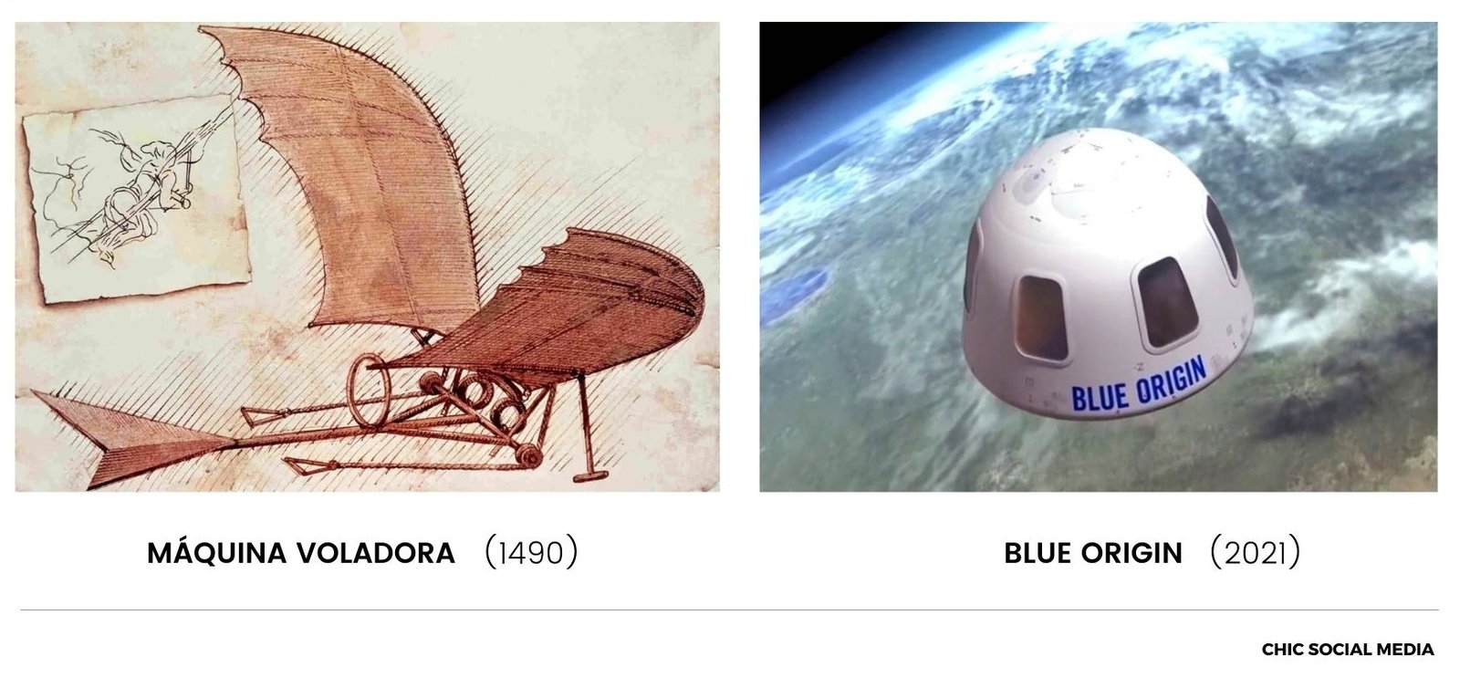 Comparación entre una máquina voladora medieval y el Blue Origen de Jeff Bezos.